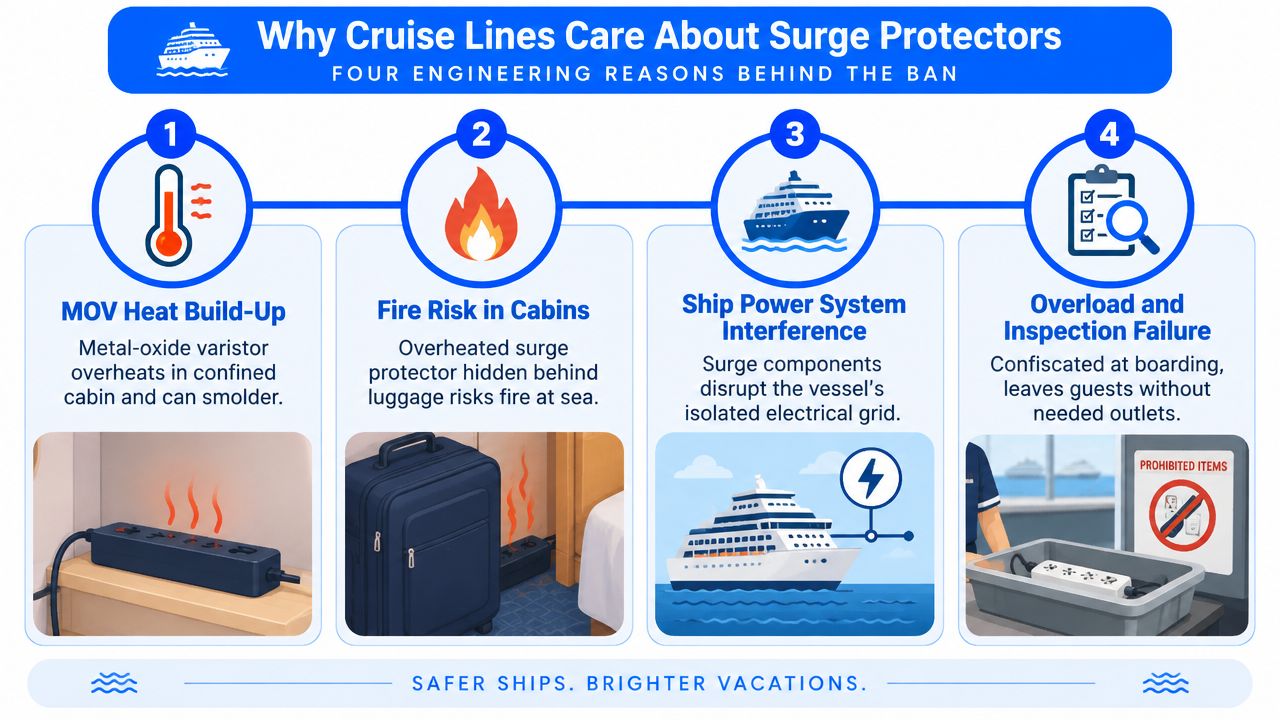 An infographic explaining the engineering reasons why cruise ships prohibit the use of personal surge protectors.