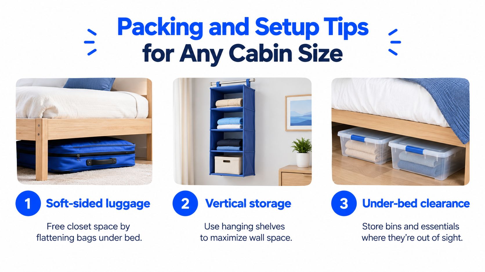 Three storage tips for cabin rooms showing luggage under a bed, hanging shelves, and under-bed storage bins.