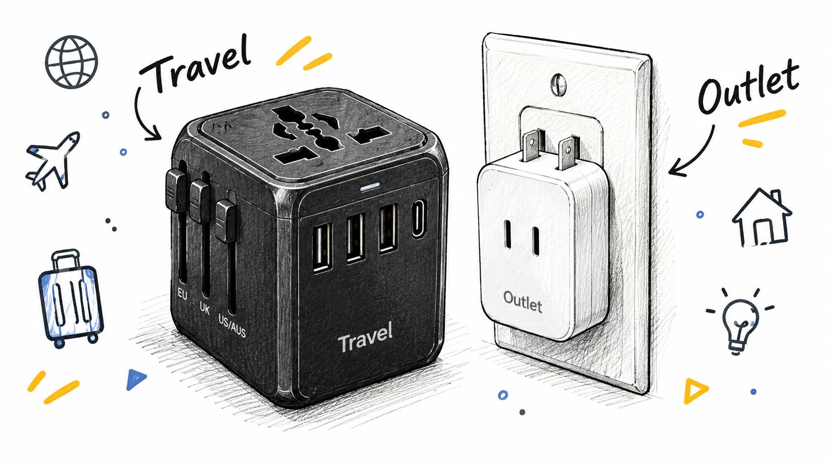 A black universal travel adapter next to a white two-prong power adapter plugged into a wall outlet.