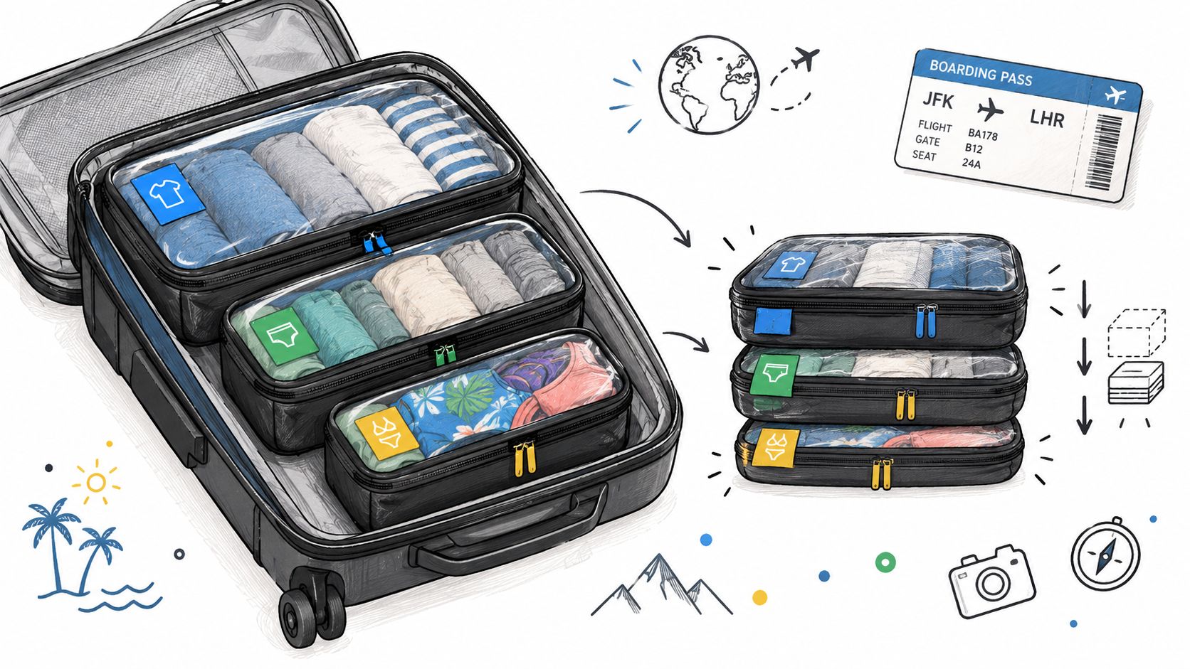 Open suitcase organized with colorful packing cubes for clothes, alongside a boarding pass and travel icons.