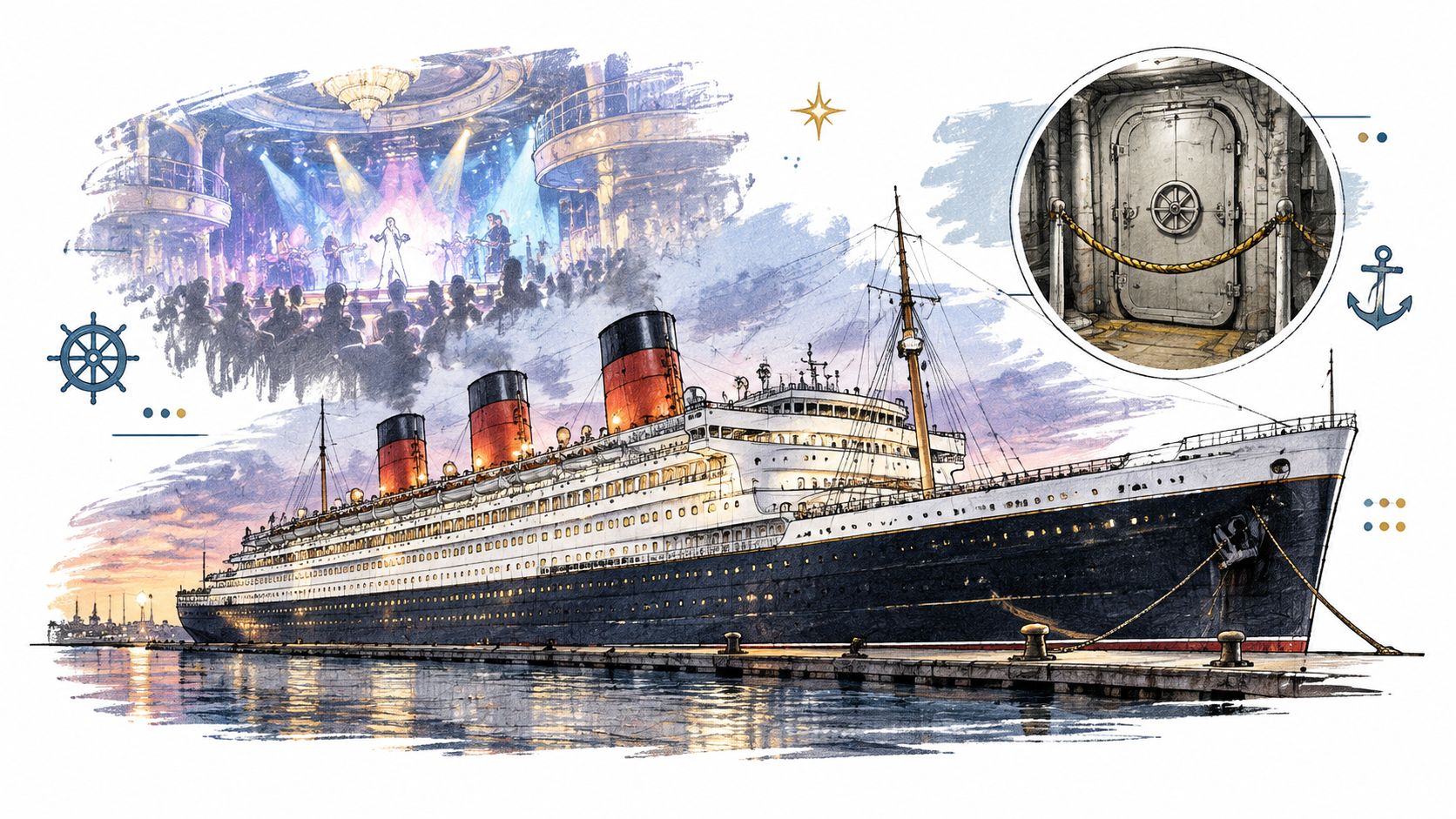 A digital illustration of the USS Norway cruise ship docked at a pier at sunset.