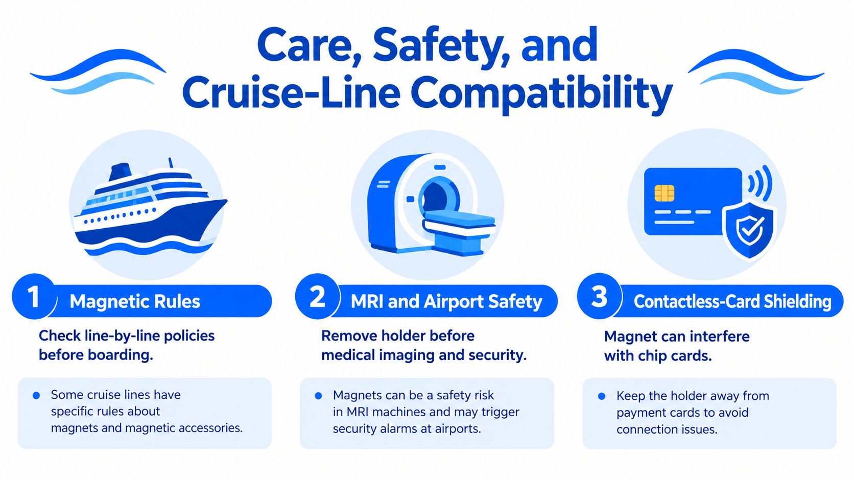 A safety infographic illustrating guidelines for magnetic accessories regarding cruises, MRI machines, and contactless credit cards.