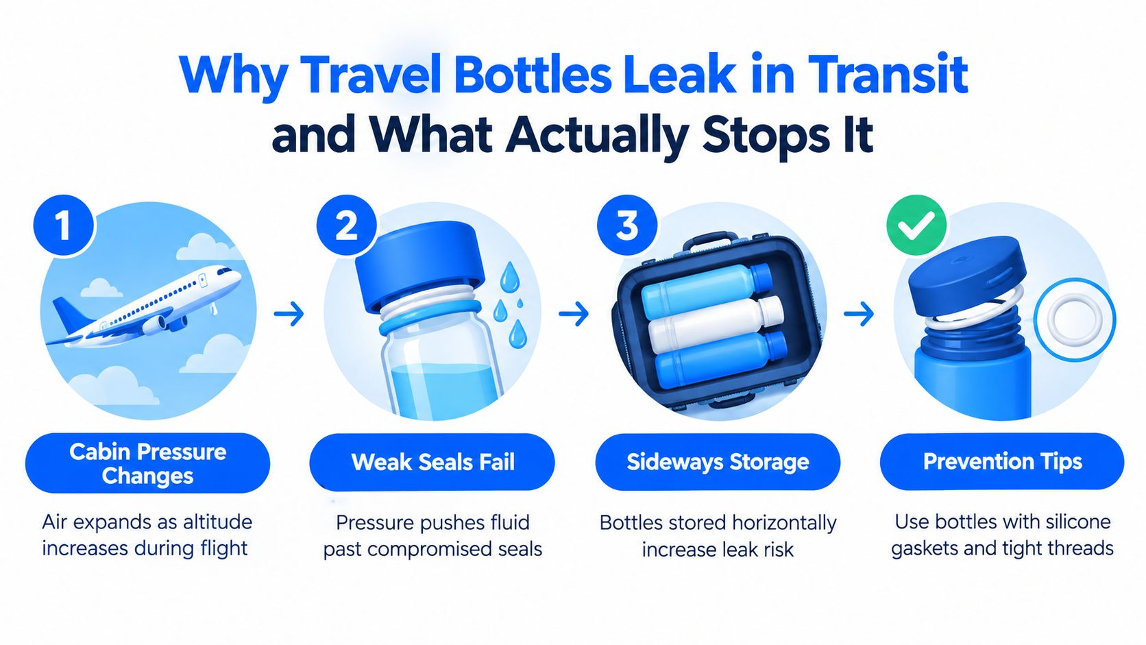 An infographic explaining how cabin pressure, weak seals, and sideways storage cause travel bottles to leak during flights.