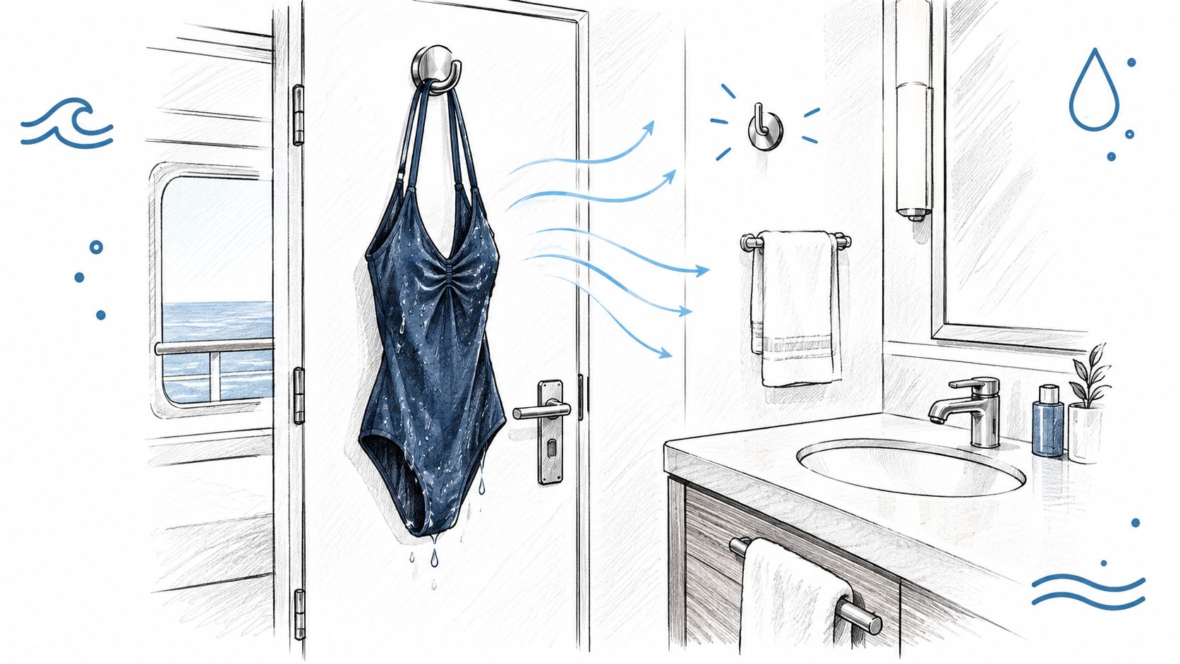 A line-art illustration shows a wet swimsuit hanging on a magnetic wall hook inside a bathroom cabin.