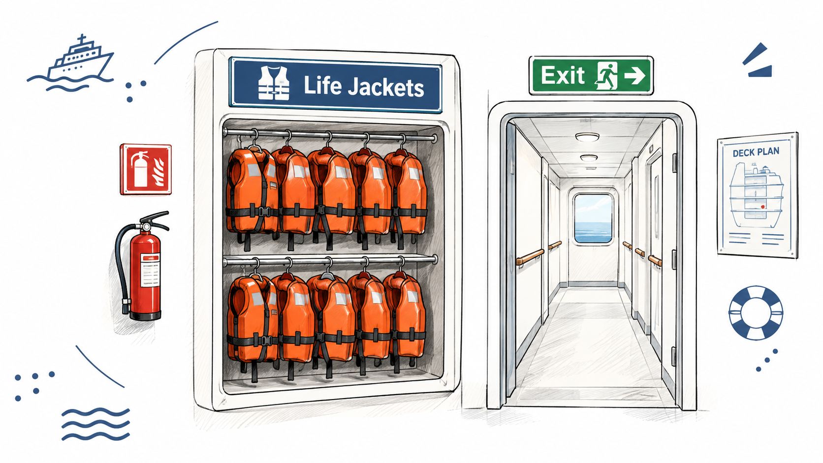 A safety station on a cruise ship featuring a life jacket rack, fire extinguisher, and deck plan.