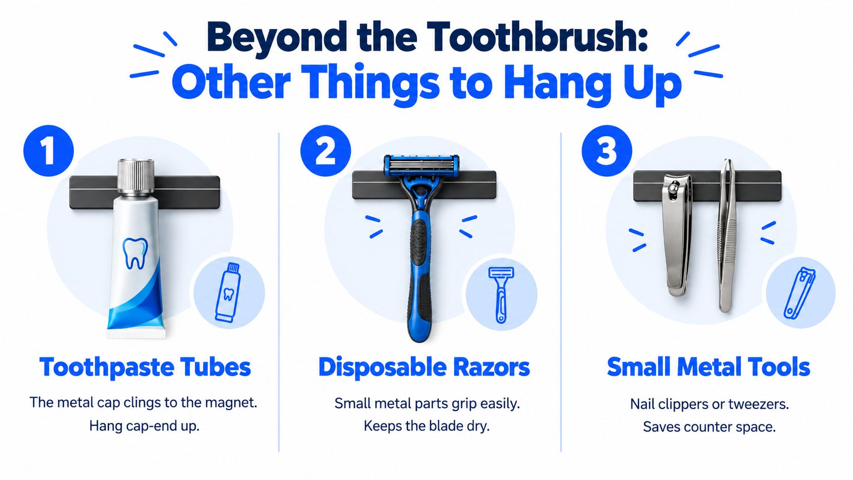 An infographic showing how a magnetic strip holder organizes toothpaste, razors, and small bathroom metal tools.