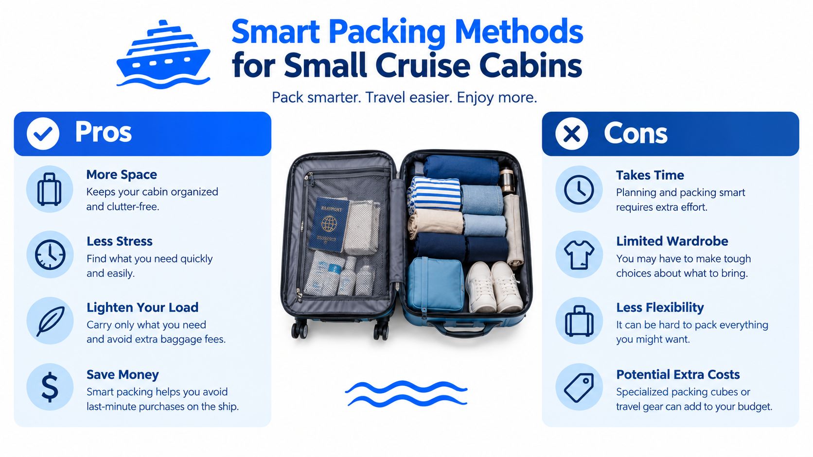 An infographic showing the pros and cons of smart packing methods for small cruise ship cabins.