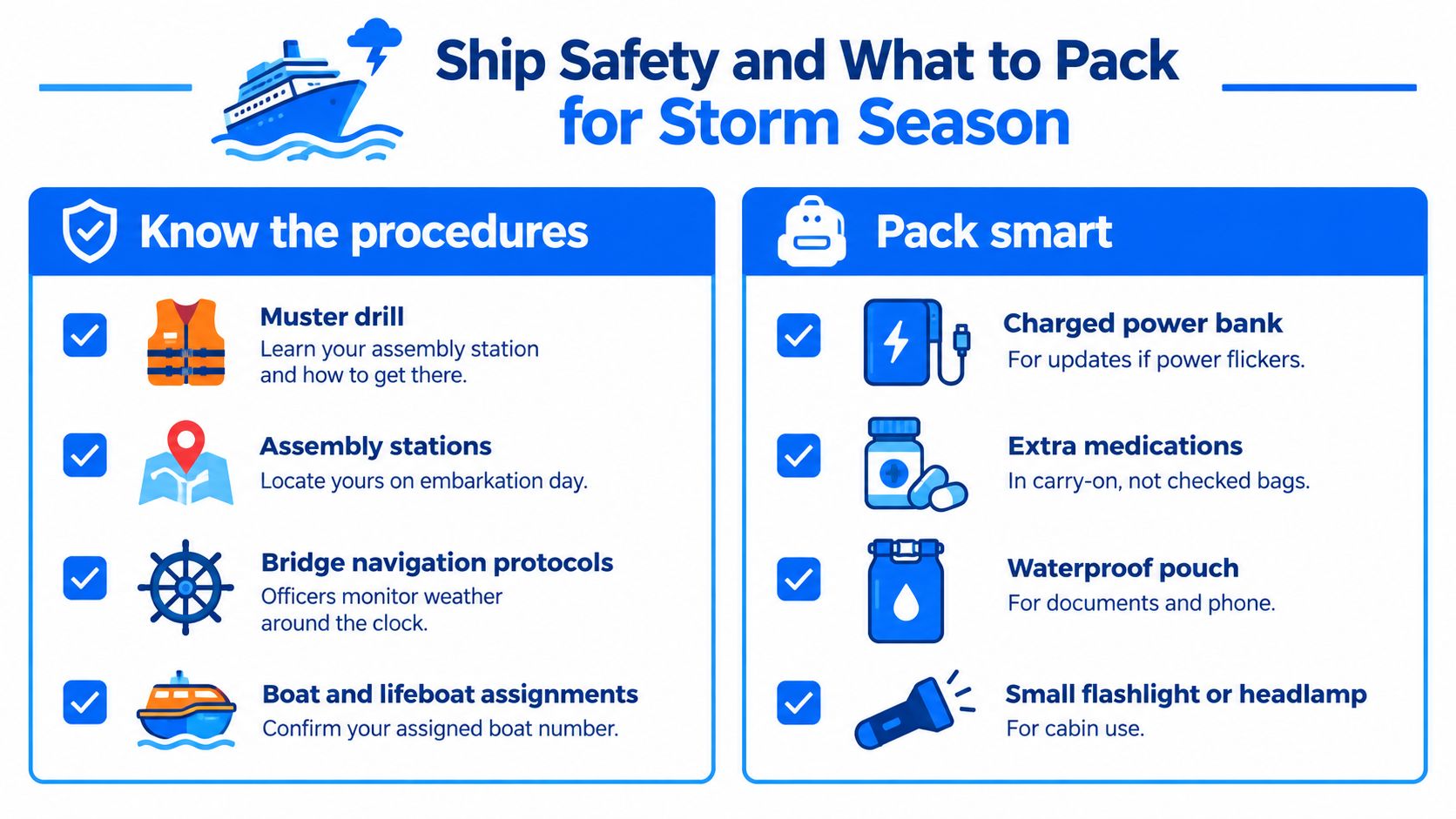 A safety infographic titled Ship Safety and What to Pack for Storm Season with checklist items.