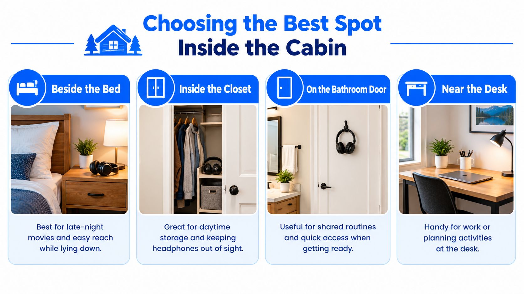 A guide showcasing four convenient locations to store headphones in a cabin, including the bedside, closet, bathroom, and desk.