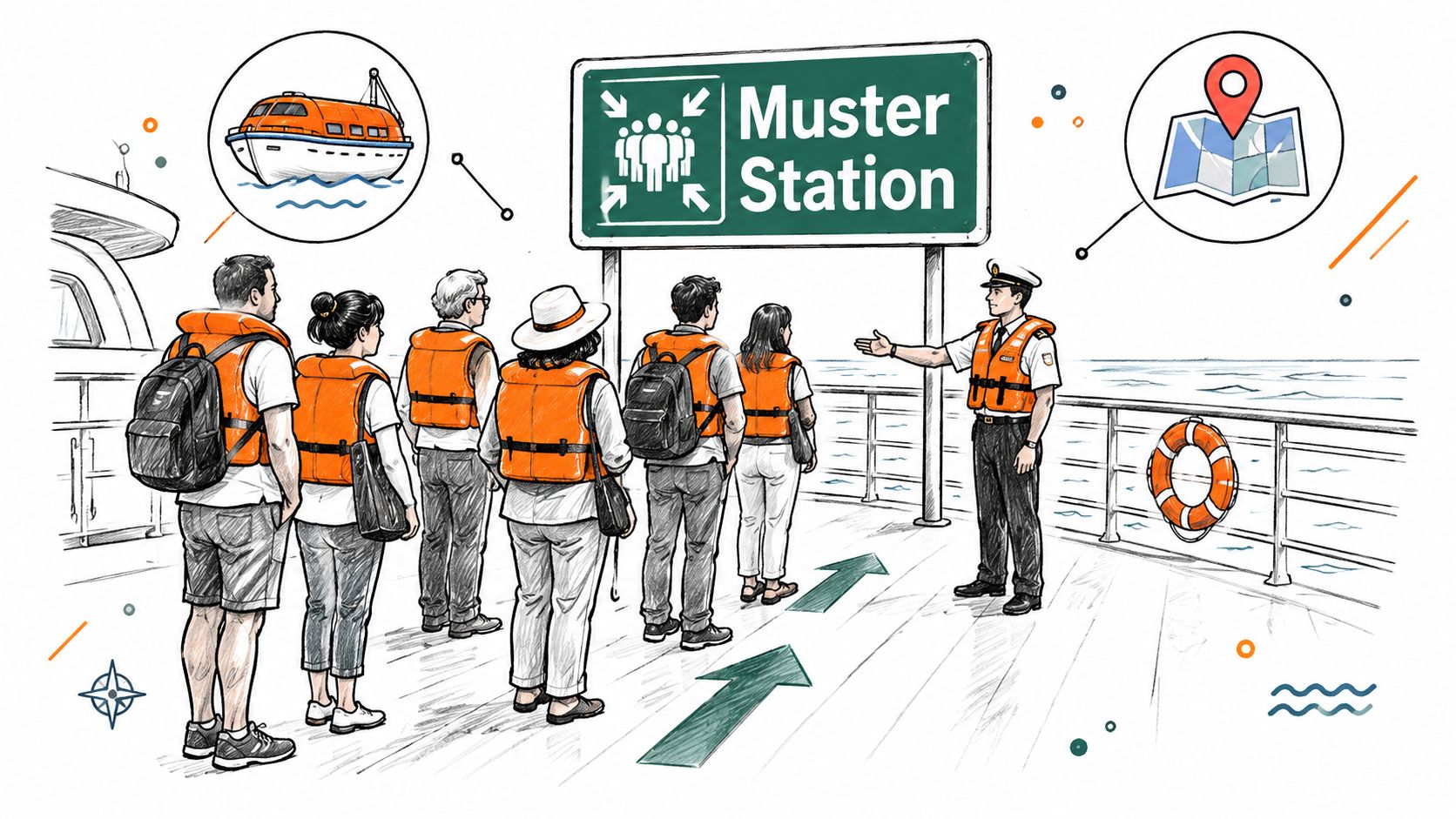 A crew member directs passengers wearing life vests toward the muster station sign on a cruise ship deck.