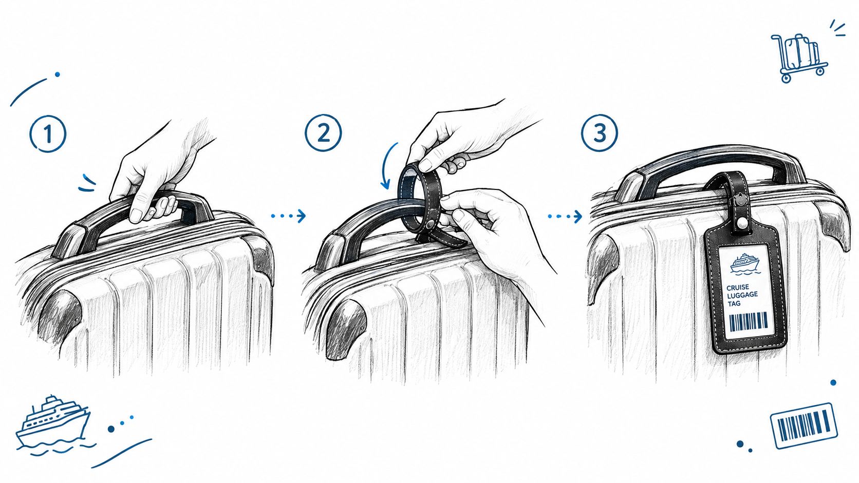 A three-step illustration showing how to attach a cruise luggage tag holder to a suitcase handle.