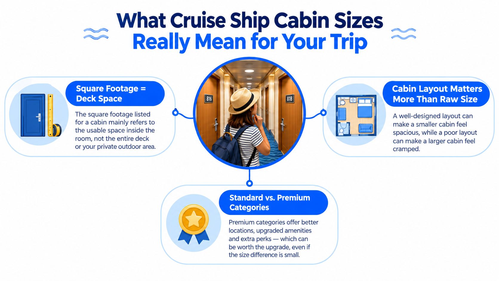 An infographic explaining how cruise ship cabin square footage, layout, and category affect trip quality.