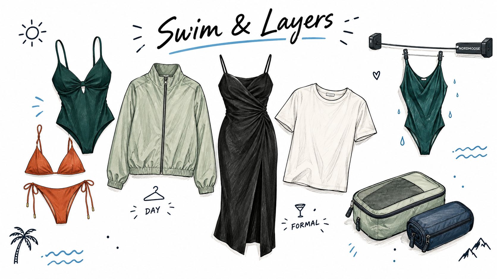 An artistic flat lay illustration of travel essentials including swimsuits, a black dress, a jacket, and packing cubes.
