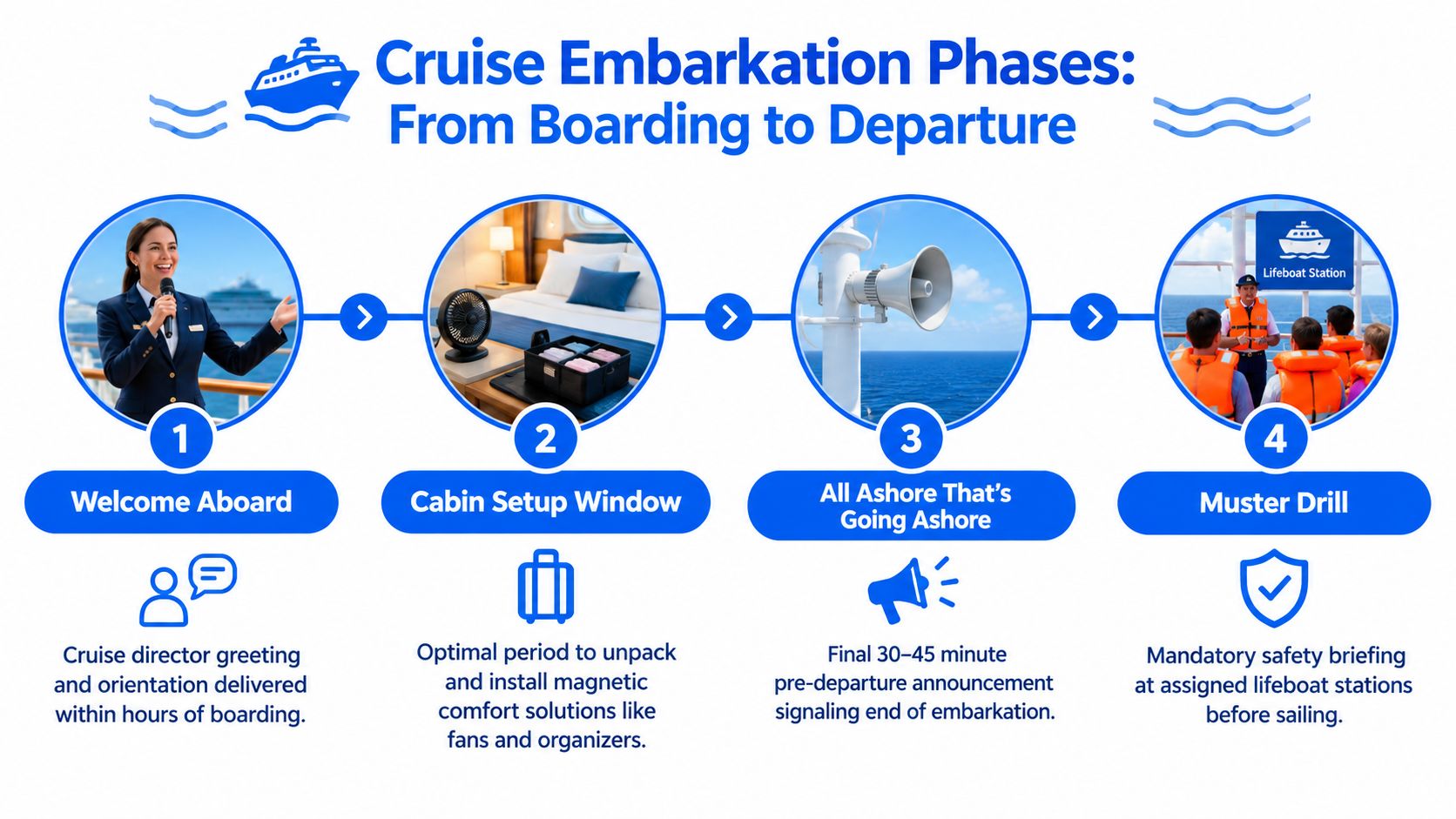An infographic titled Cruise Embarkation Phases showing the four steps from boarding to departure on a cruise ship.