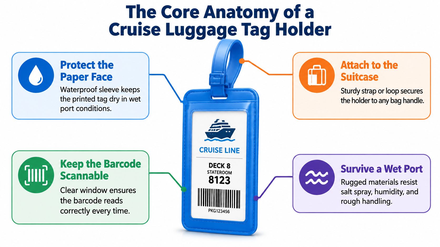 A diagram illustrating the features of a blue cruise luggage tag holder, highlighting durability and weather resistance.