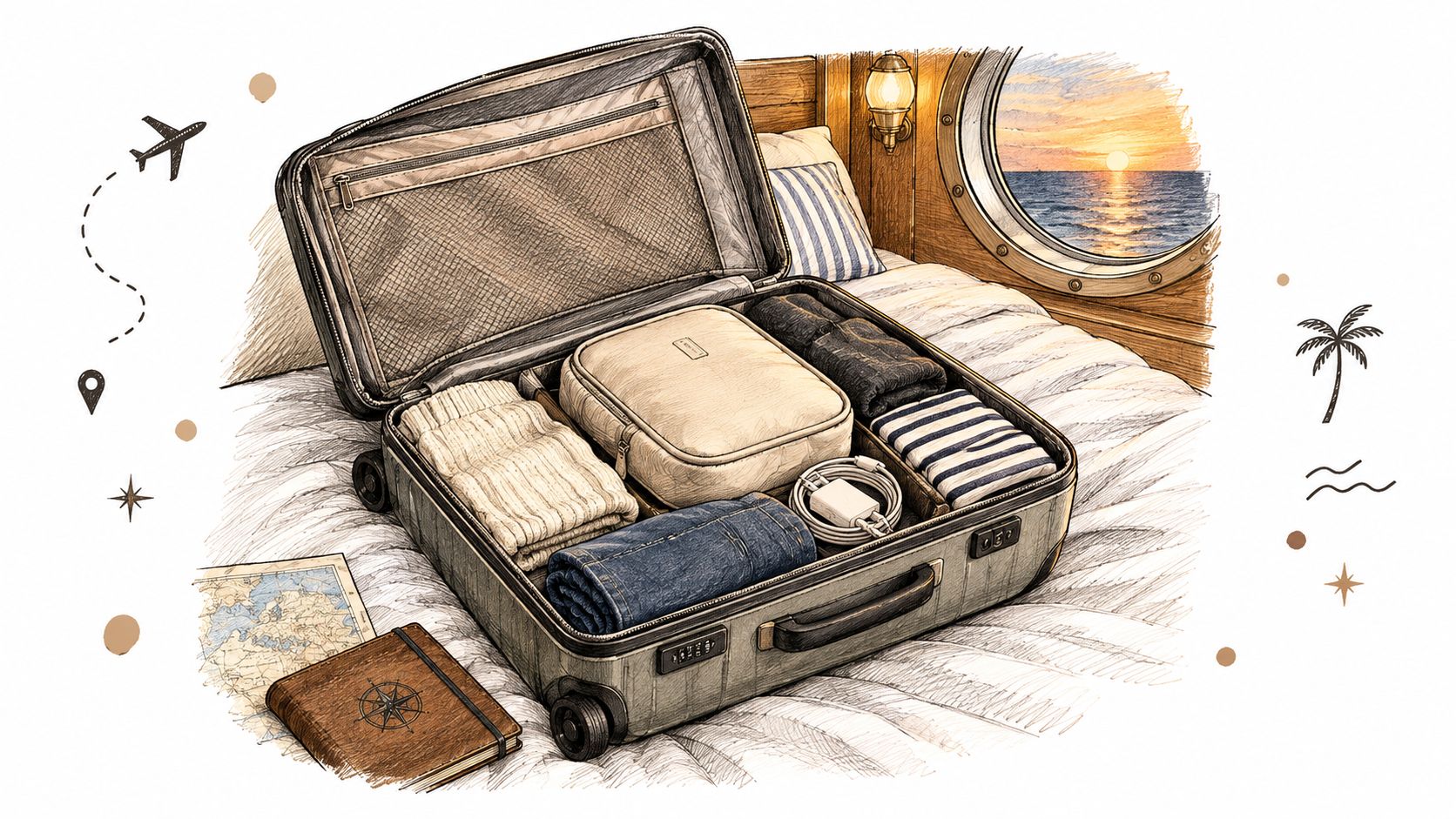 An open suitcase packed for travel rests on a bed near a porthole view of a sunset.