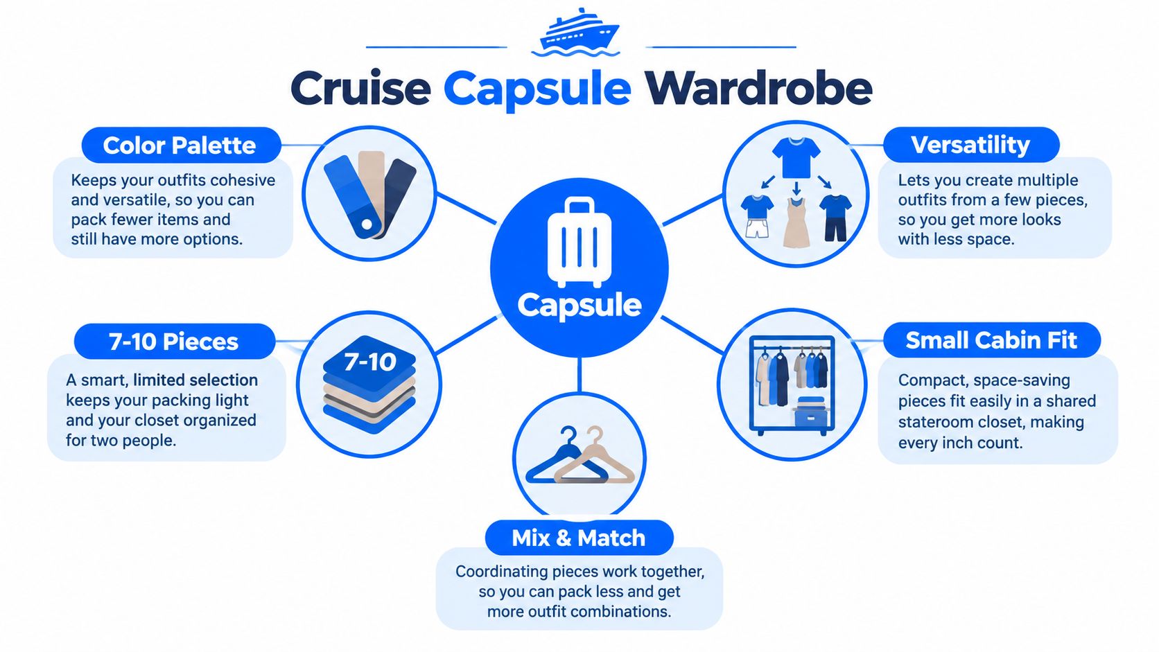 An infographic illustrating five key tips for creating a cohesive and versatile cruise capsule wardrobe for traveling.