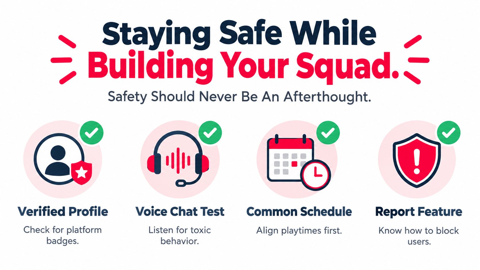 An infographic titled Staying Safe While Building Your Squad, offering four safety tips for online gamers.