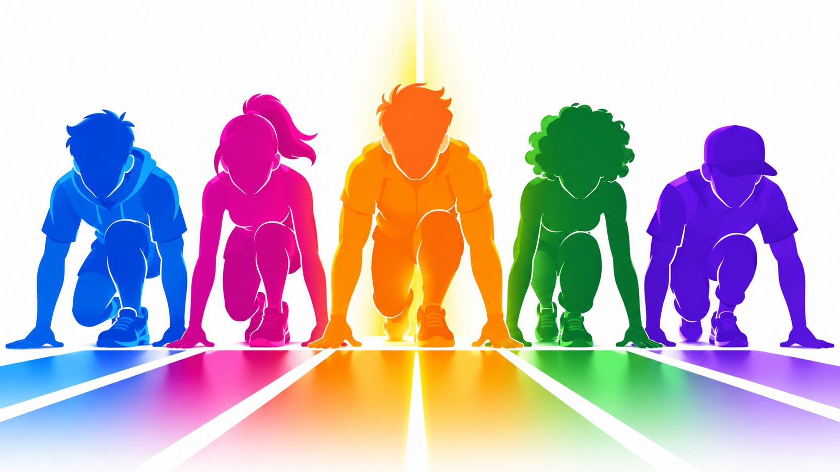Silhouettes of five diverse people in starting position on a colorful running track for sports competition.