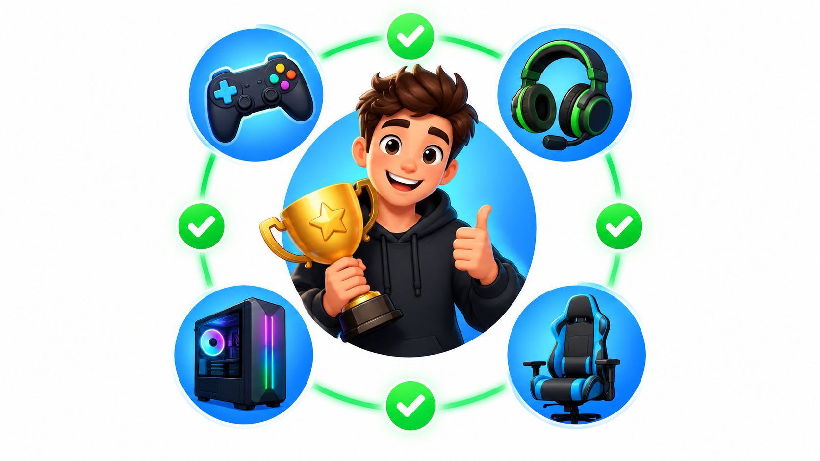 A joyful cartoon boy holding a gold trophy surrounded by gaming accessories like a controller, headset, PC, and chair.