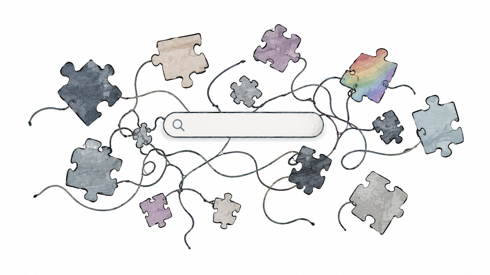 A search bar surrounded by various scattered puzzle pieces connected by tangled dark lines on white background.