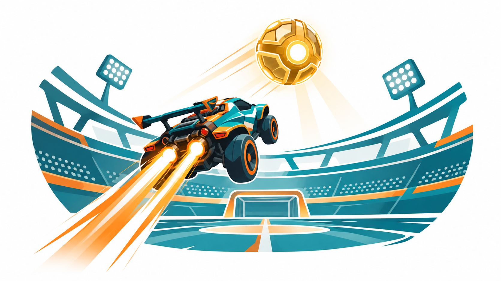 A dynamic illustration of a futuristic rocket-powered car flying towards a glowing golden soccer ball in an arena.