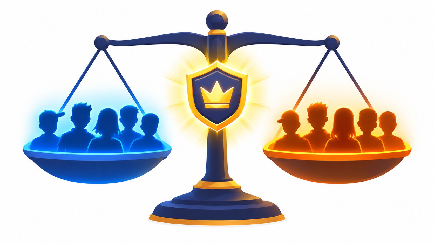 A digital illustration showing a balance scale with blue silhouettes on one side and orange silhouettes.