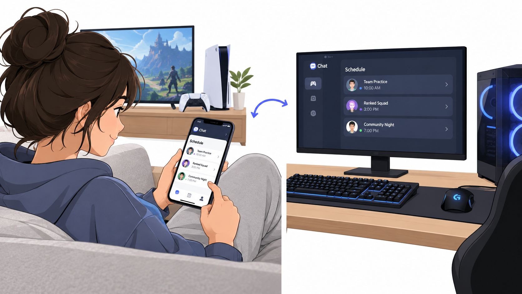 A woman using a smartphone to manage a teams chat schedule while sitting in front of gaming setups.