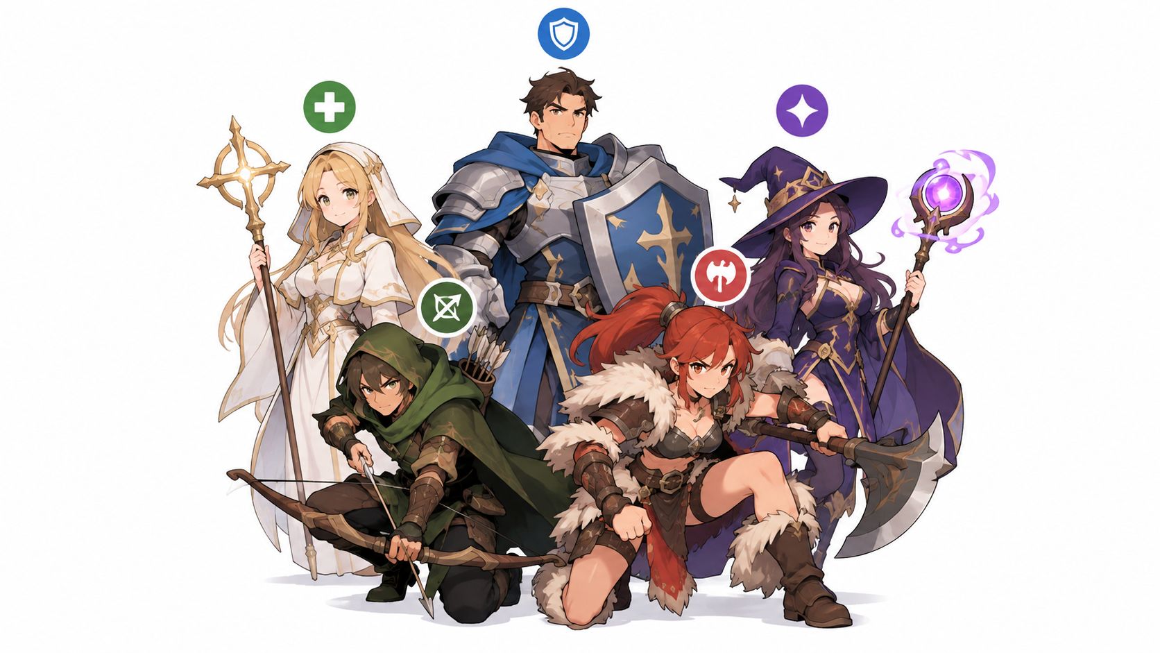 A fantasy party of five characters with different RPG classes posing together on a white background.