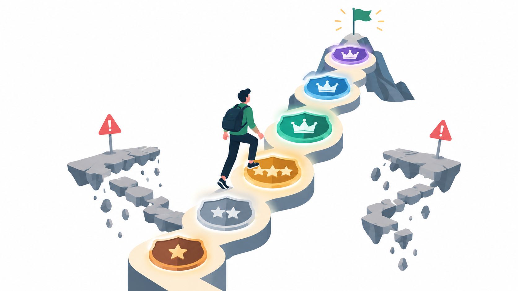 A hiker climbing a path of floating platforms toward a goal flag representing achievement and progress.