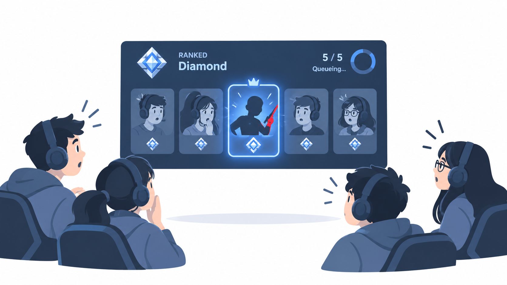 Four gamers looking surprised at a screen showing a ranked diamond team with a mysterious player slot.