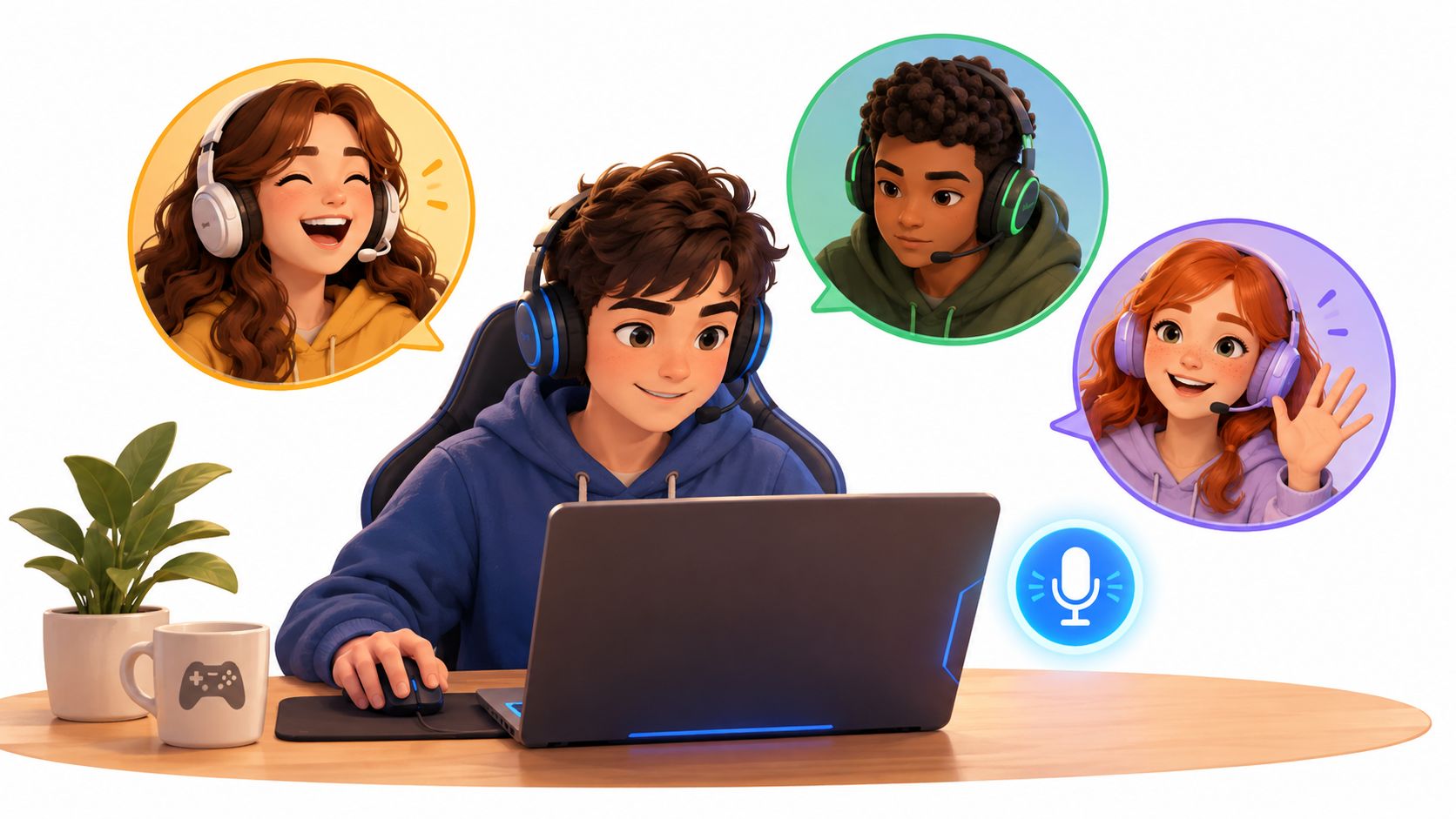 A young boy playing games on his laptop while video chatting with his friends online