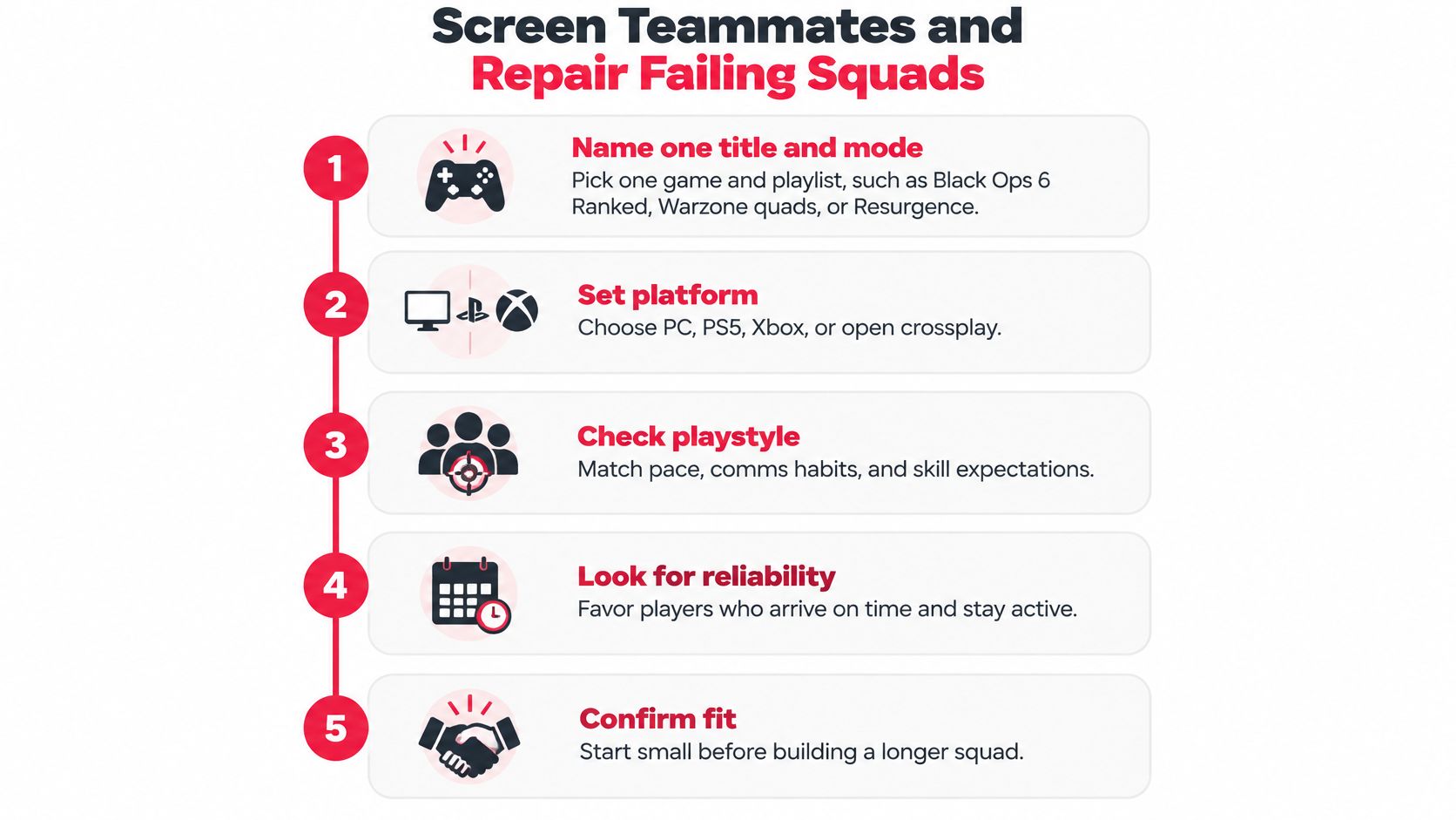 A five-step guide on how to screen teammates and build better squads for competitive gaming.