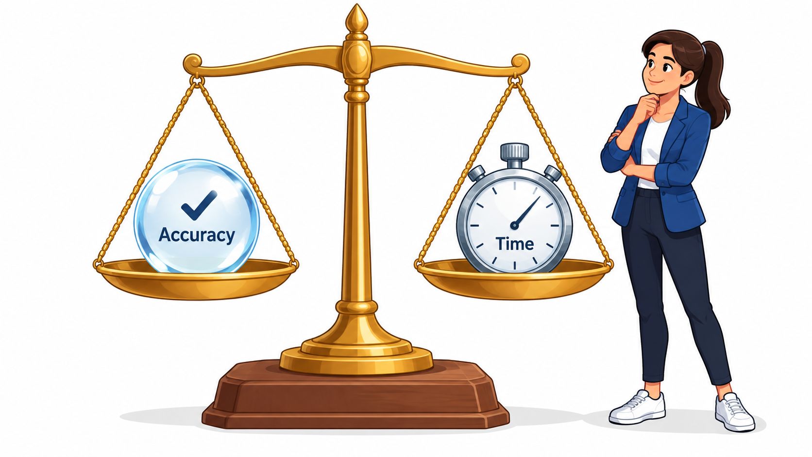 A woman thinking next to a balance scale weighing accuracy against time as a conceptual choice.