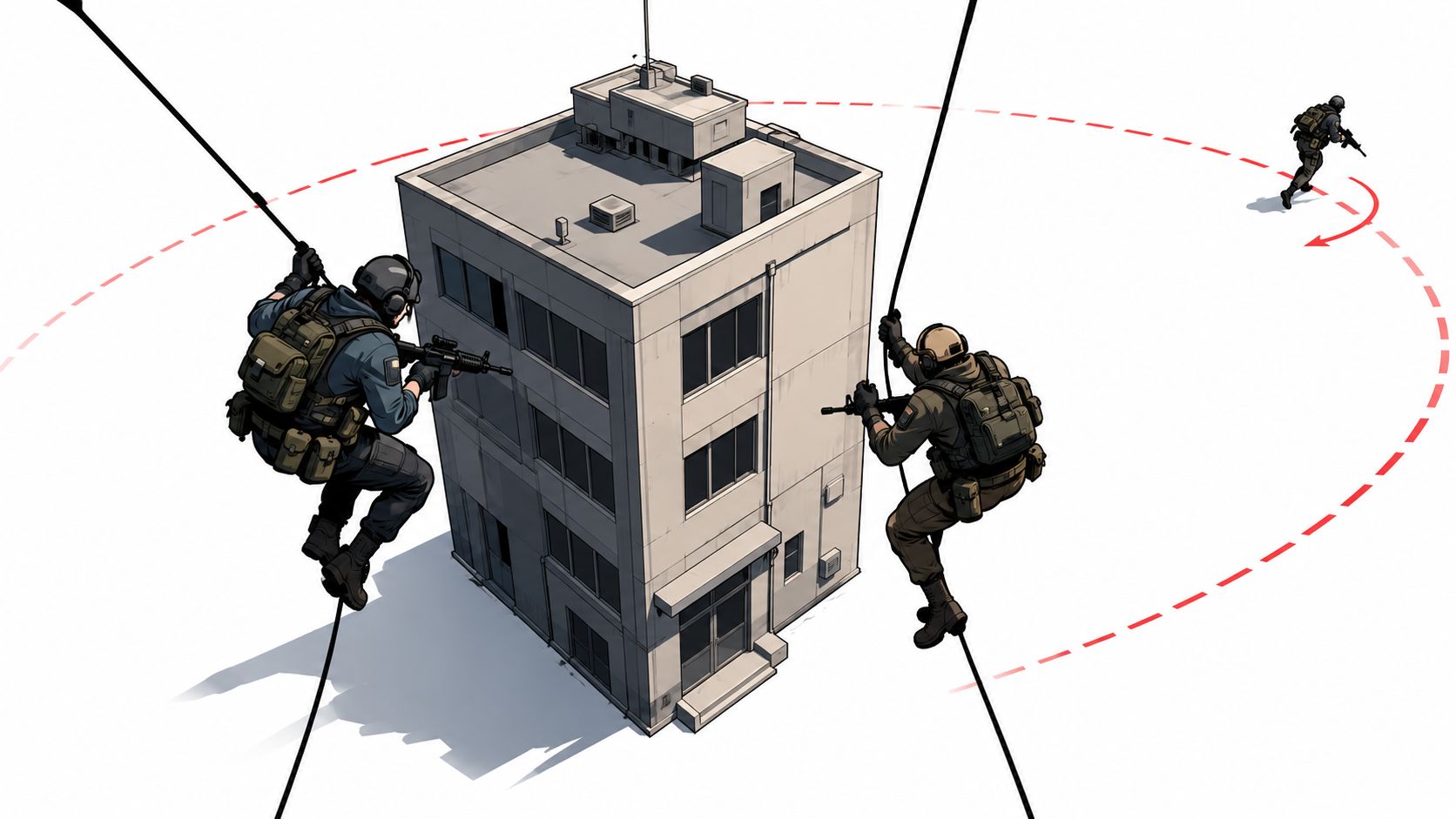 Tactical soldiers rappelling down the sides of a building while another operative patrols the perimeter area.
