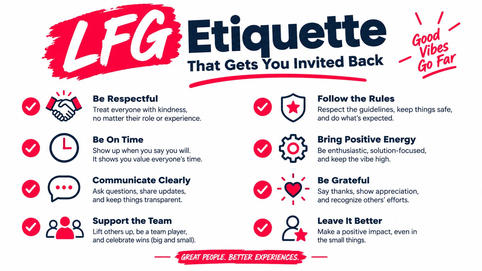 A professional infographic titled LFG Etiquette outlining eight essential rules for positive team cooperation and conduct.