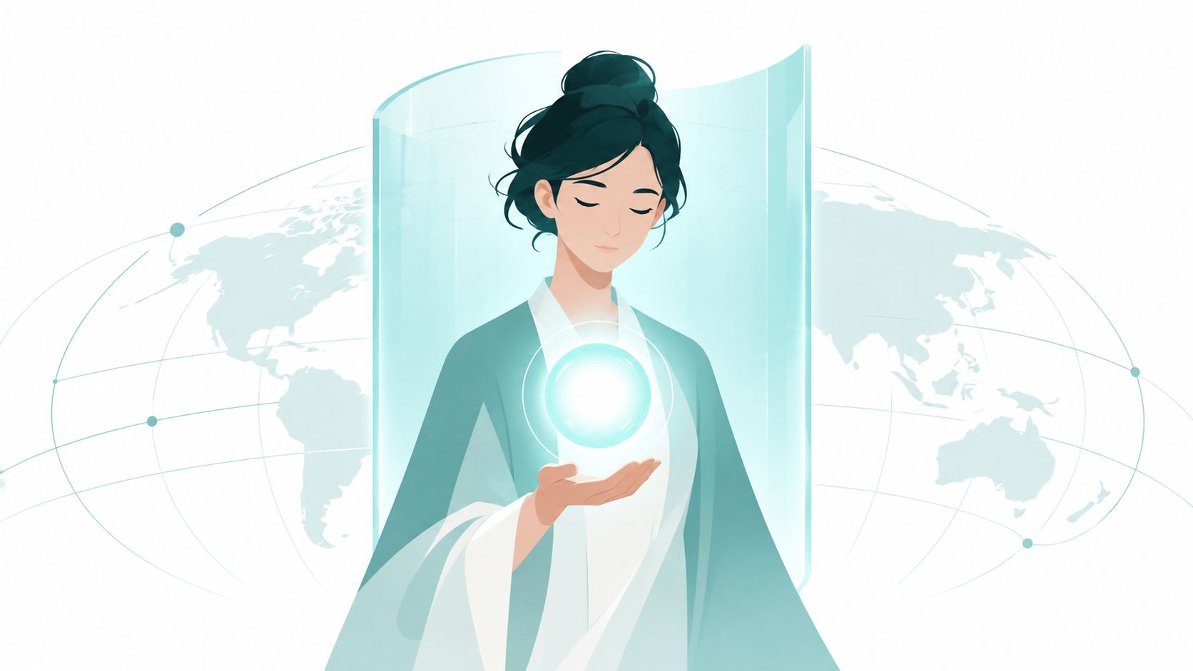 A digital illustration of a woman in traditional clothing holding a glowing orb against a world map.