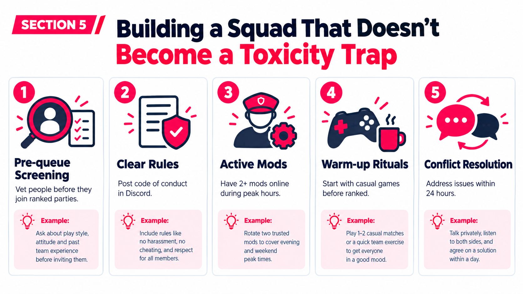 A five-step guide on how to build a non-toxic competitive gaming squad to maintain a healthy community.