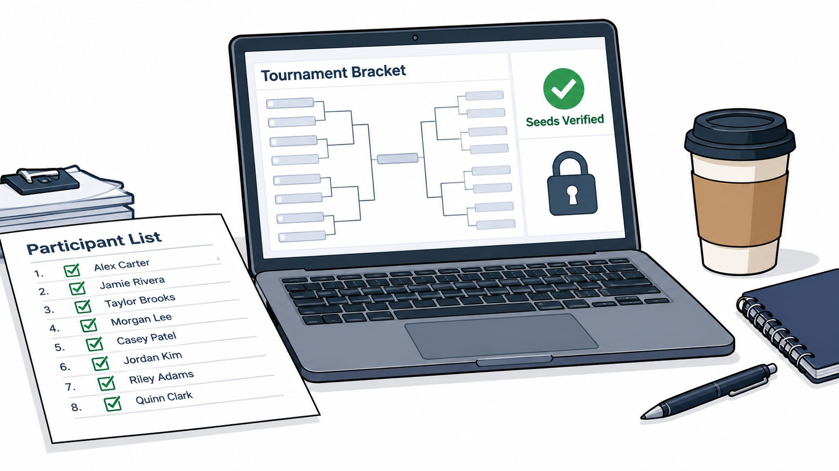 A digital tournament bracket on a laptop screen next to a participant list with checked names.
