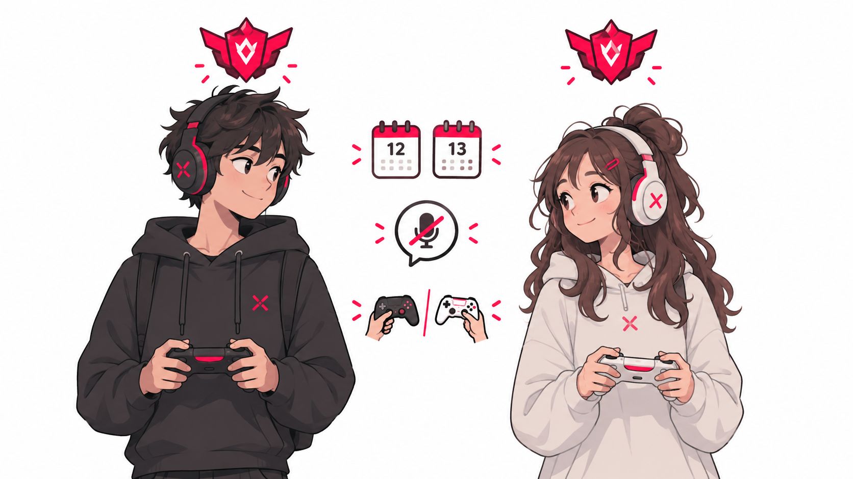 A male and female gamer wearing headsets face each other while playing video games with console controllers.