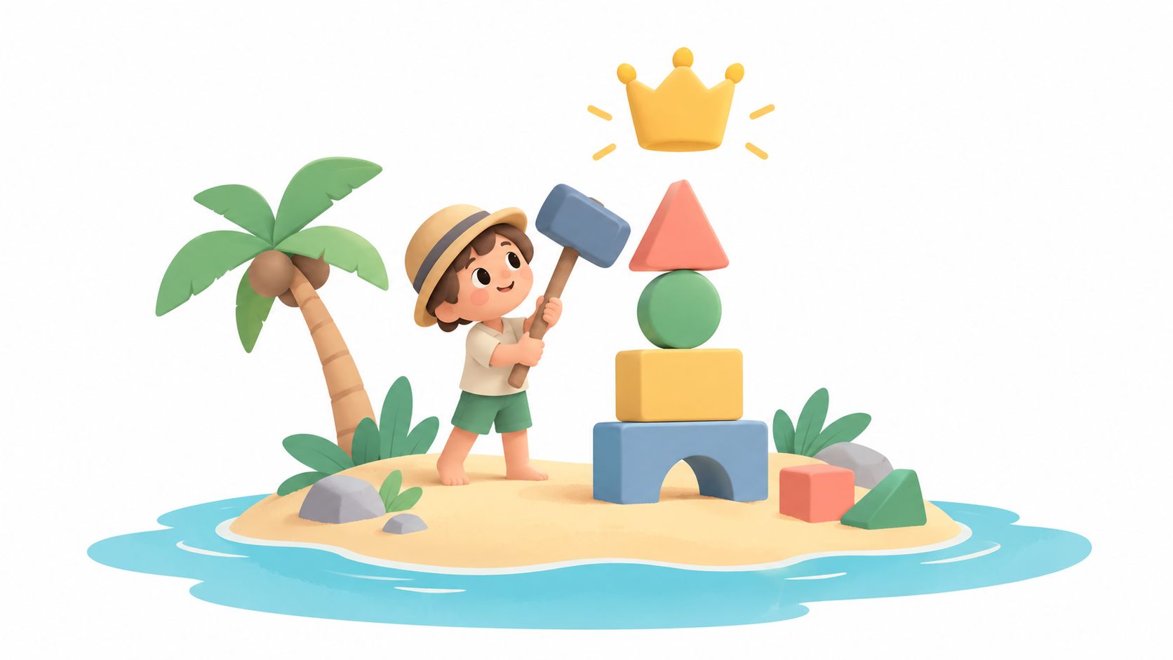 A 3D cartoon boy building a tower with colorful geometric blocks on a small tropical sandy island.