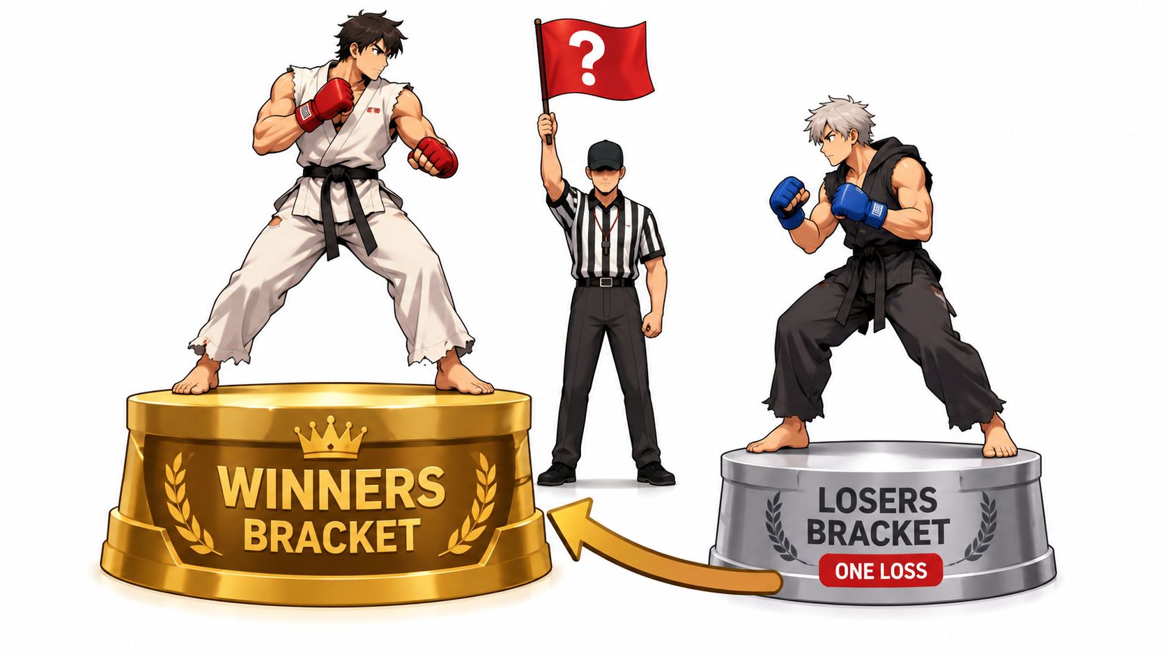 A digital illustration showing a karate fighter on a gold winner pedestal and another on a silver bracket.