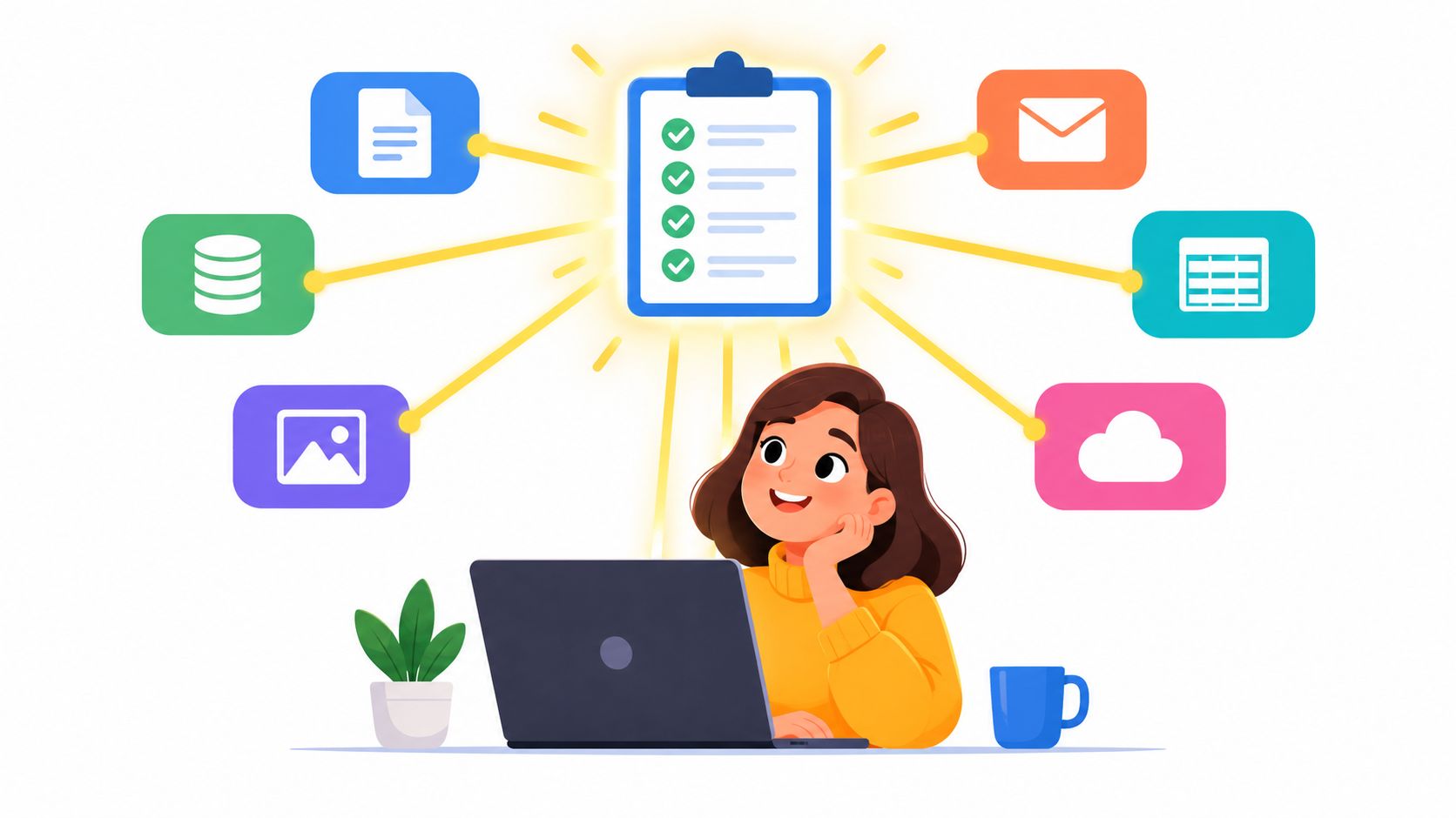 A woman working at a laptop with icons representing digital documents, data, images, email, and cloud storage.