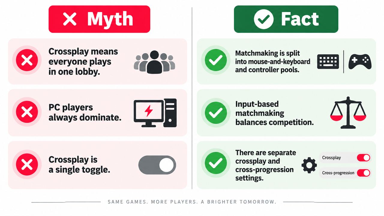 An infographic debunking common myths about video game crossplay and explaining how cross-platform features actually function.