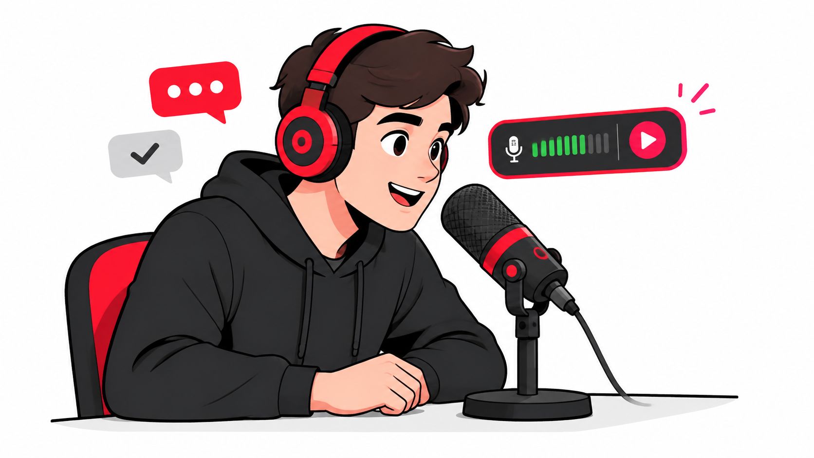 A cartoon illustration of a young man wearing headphones, recording a podcast with a professional microphone.