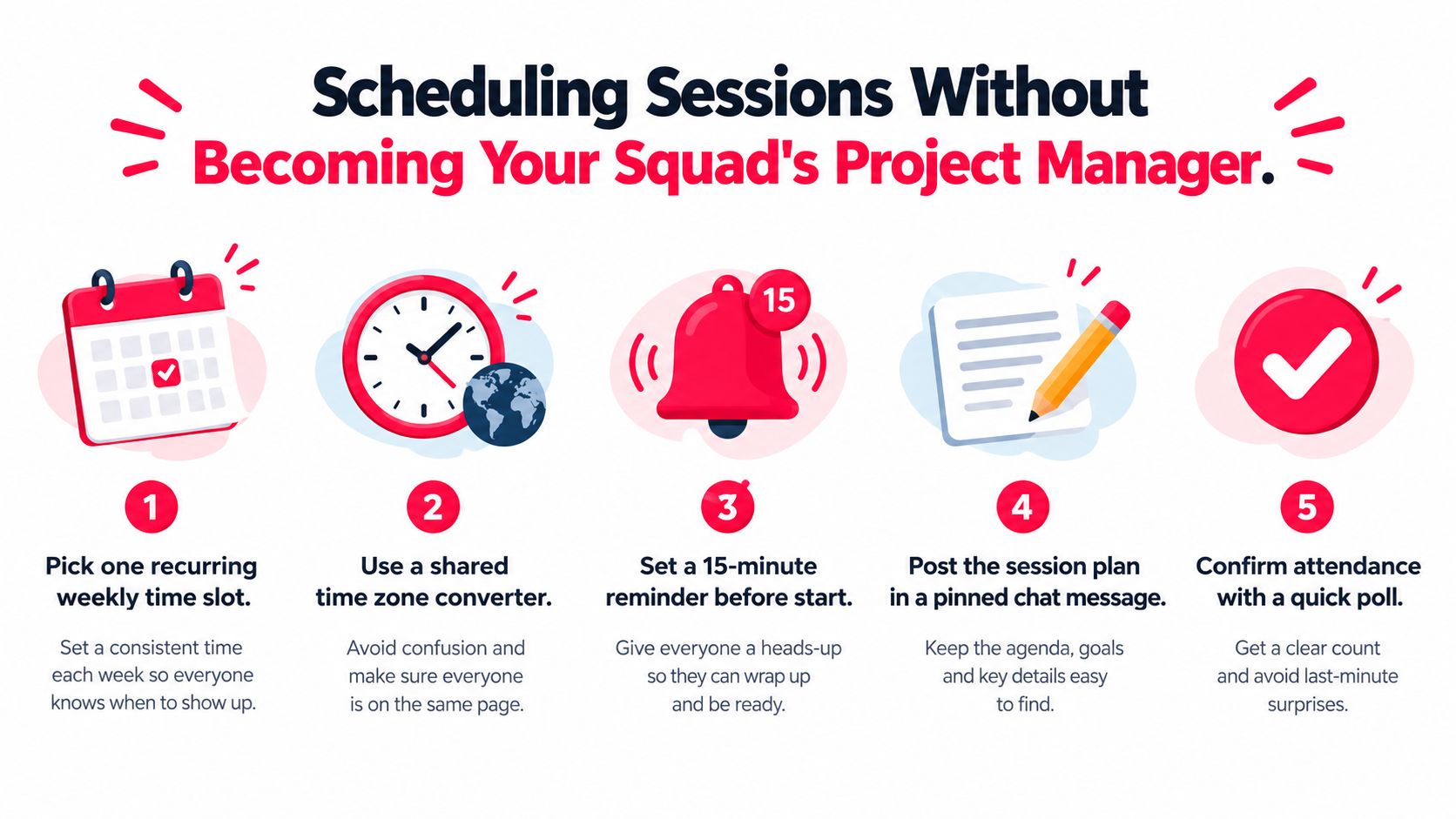 An infographic showing five steps for scheduling group sessions efficiently without acting as a project manager.