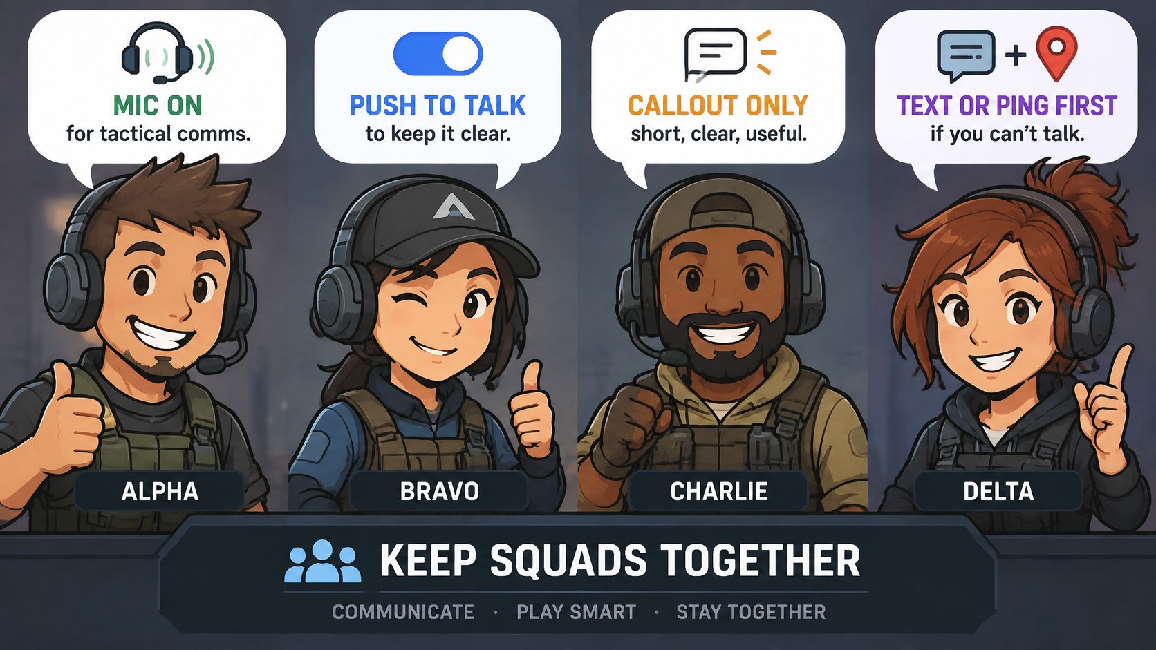 A group of four cartoon gamers with headsets sharing communication tips like using mics and pings for squads.