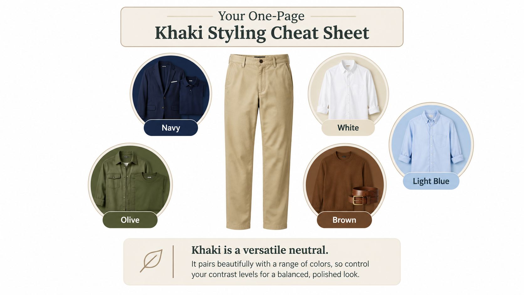A visual style guide for men showing various colors that pair well with khaki pants including navy, white, olive, and brown.