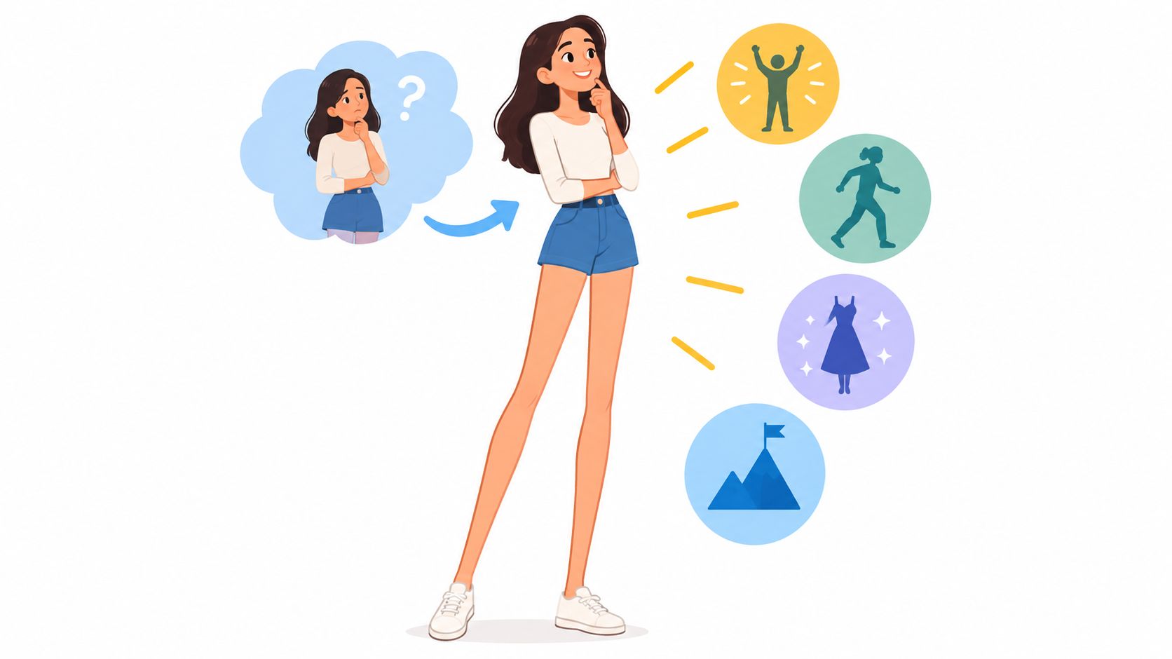 A young woman contemplating various life goals and achievements depicted as icons, showing personal growth and aspiration.