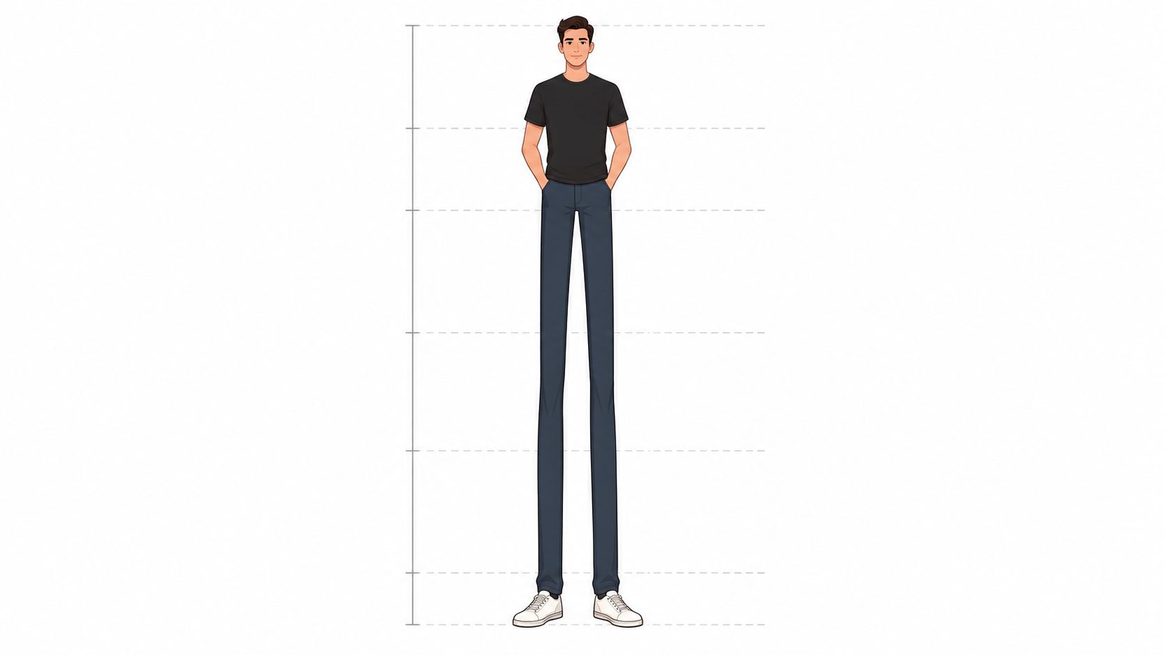 A digital illustration of a man with an extremely long lower body and a short torso.